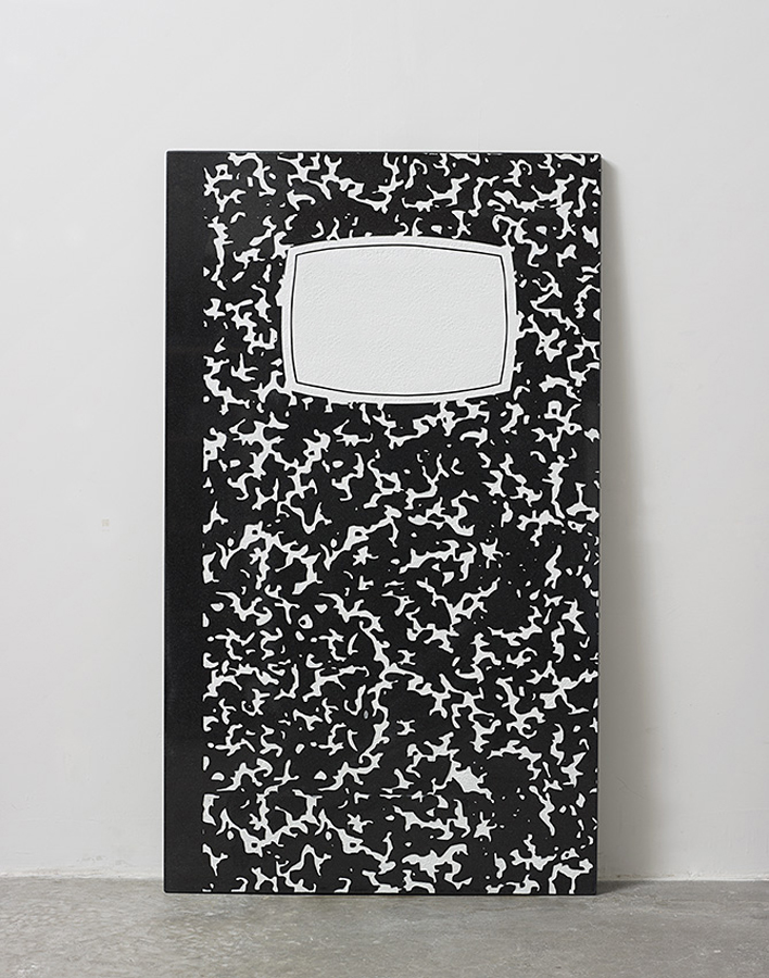 Assaf Shaham, Composition, 2015, sandblasted granite stone, white paint, 122 x 70 x 3 cm
