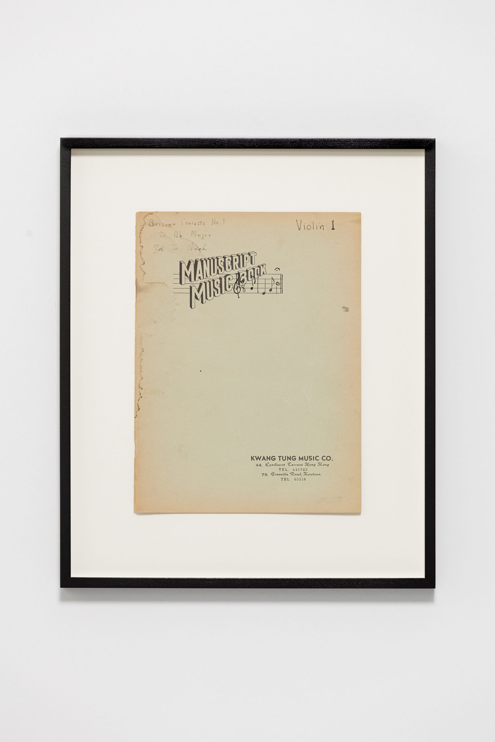 Ari Benjamin Meyers Kwang Tung, 2015 Handwritten score on found paper, 30 x 22,5 cm (motif) 45 x 37,5 x 2,8 cm (framed)