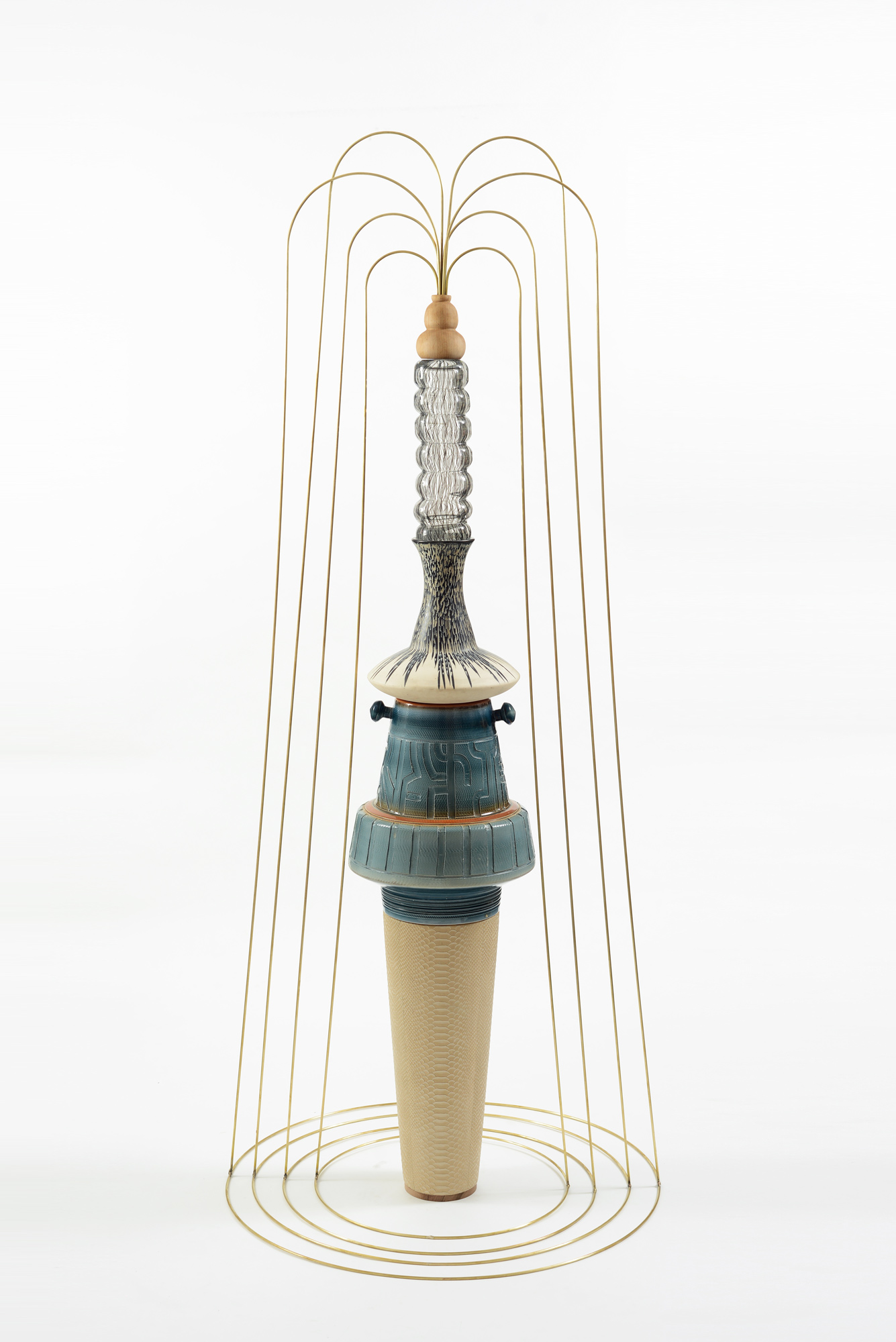 Liora Kaplan, Simply Because it Changes, 2019, mixed media, wood cone covered with faux snake leather, Kfar Menachem vase, Harsa Vase, glass, carved wood and brass pipes