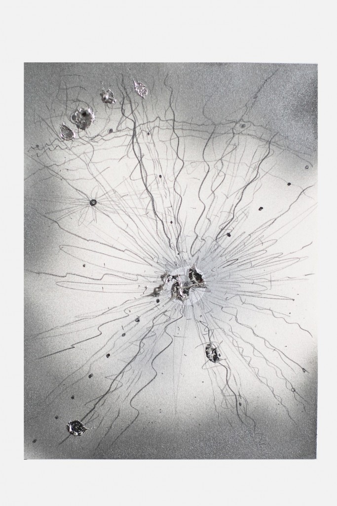 Grazia Toderi, Orbite Rosse #67, 2009, graphite, metals and molten tin on paper, 32 x 24 cm