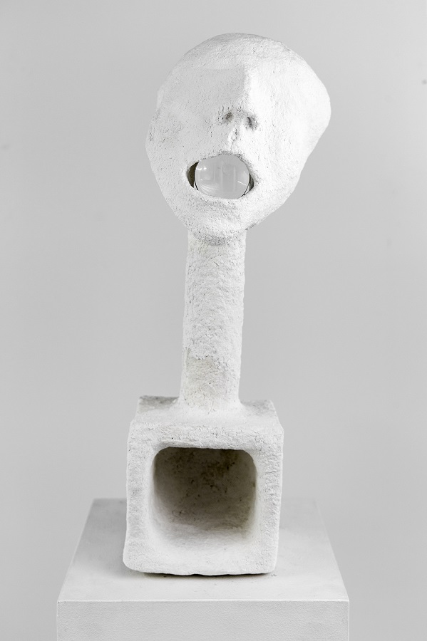 Tommy Hartung, White Devil #3, 2016, celluclay, varnish, and magnifying glass, 53.3 x 15.2 x 15.2 cm