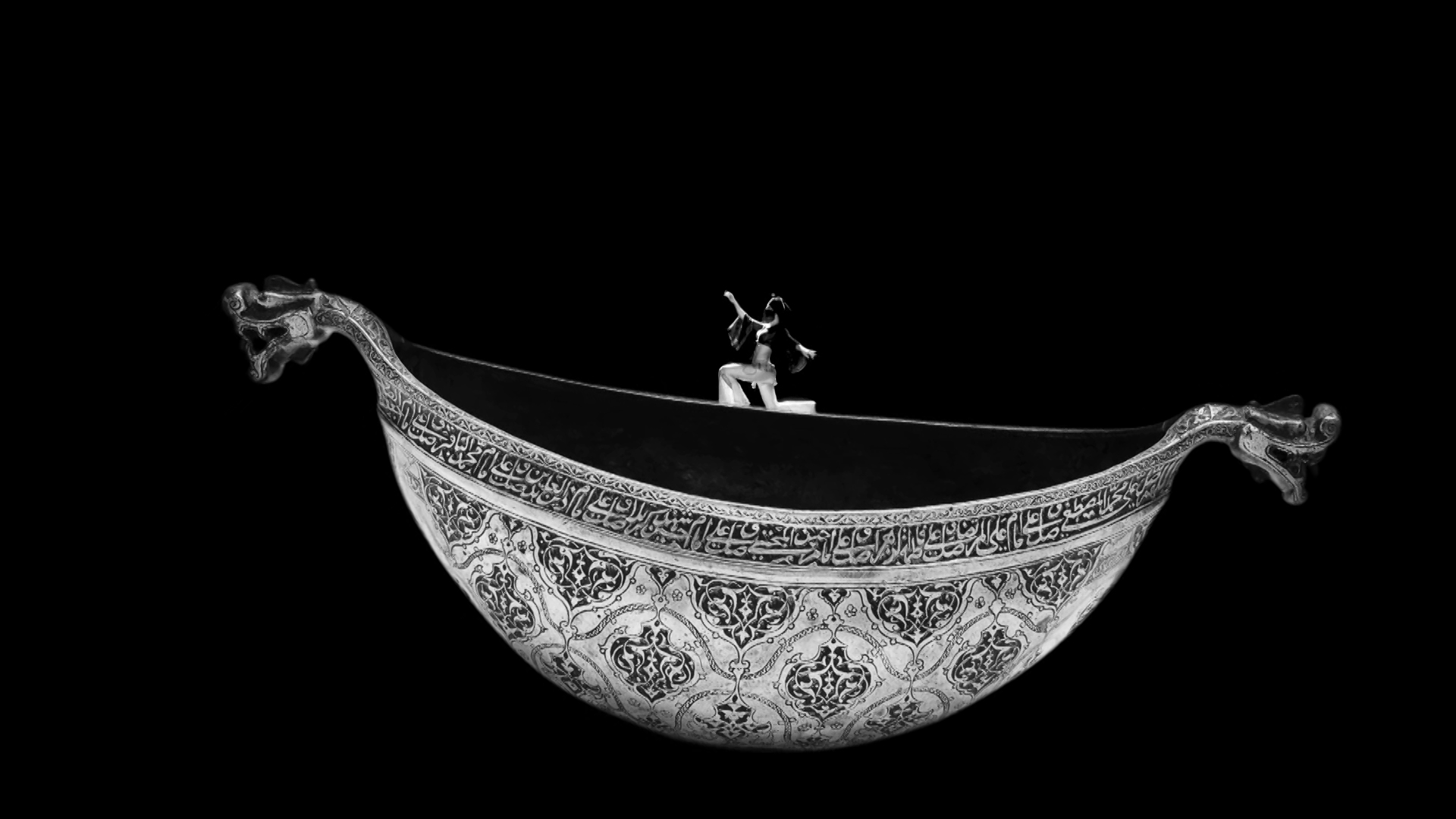 "Belly Boat" (video still),
2013,
single-channel HD video &  animation, 
black and white, 
silent,
duration 2:37 min,
dimensions variable