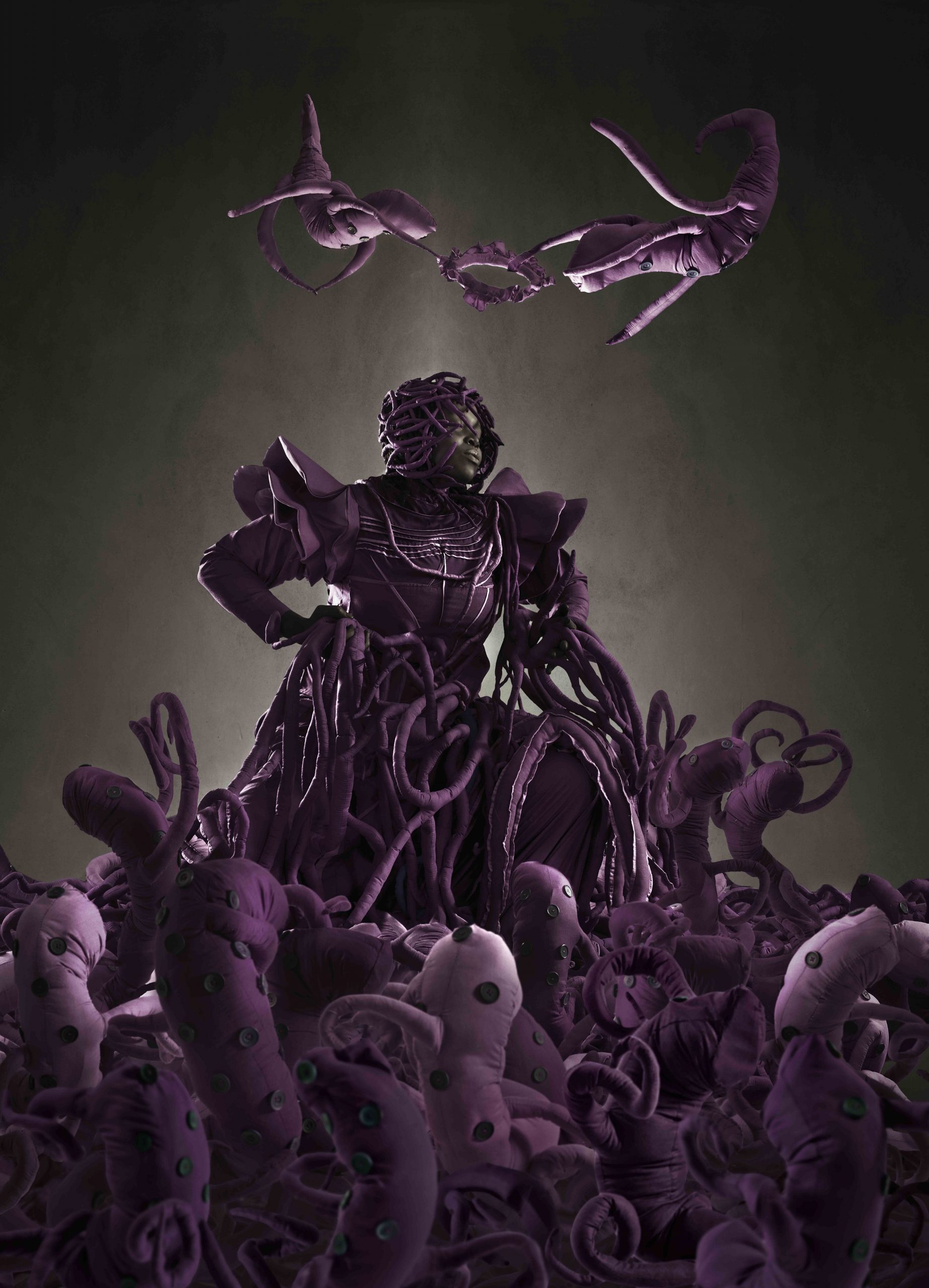 Mary Sibande, 
The adoration of the purple figure,
 2013,
Archival Digital Print,
150x110.5cm,
ED 9/10+3AP