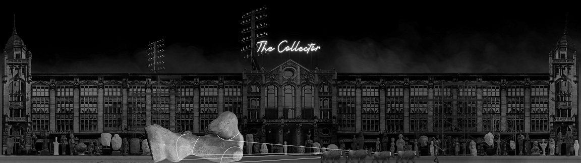 "The Collector", 
2021, 
two channel HD video & animation installation,
projection size: 10 meters (2 projections),
black & white, stereo sound, 
dimensions variable,
duration: 3 min loop, video still