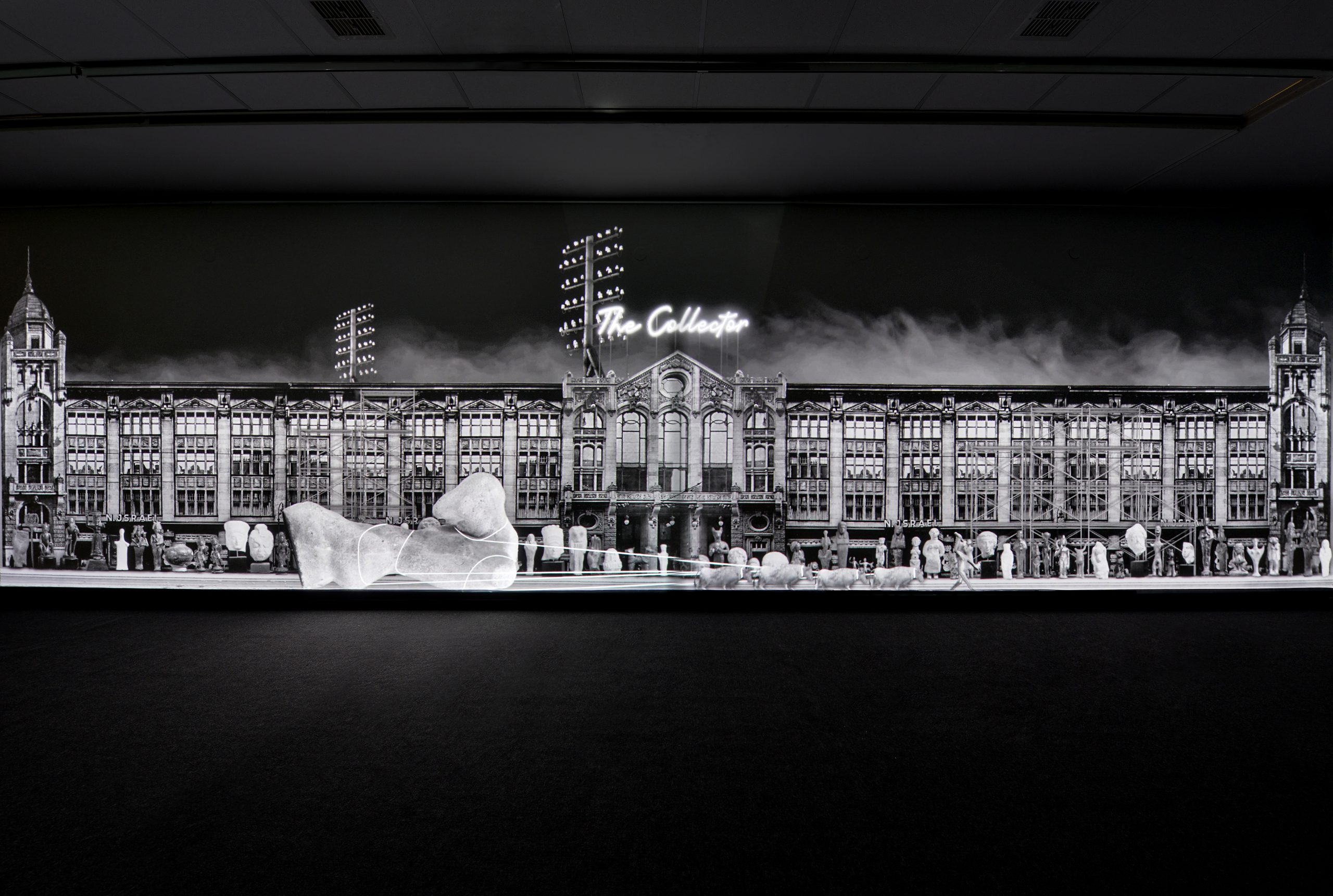 "The Collector", 
2021, 
two channel HD video & animation installation,
projection size: 10 meters (2 projections),
black & white, stereo sound, 
dimension variable,
duration: 3 min loop