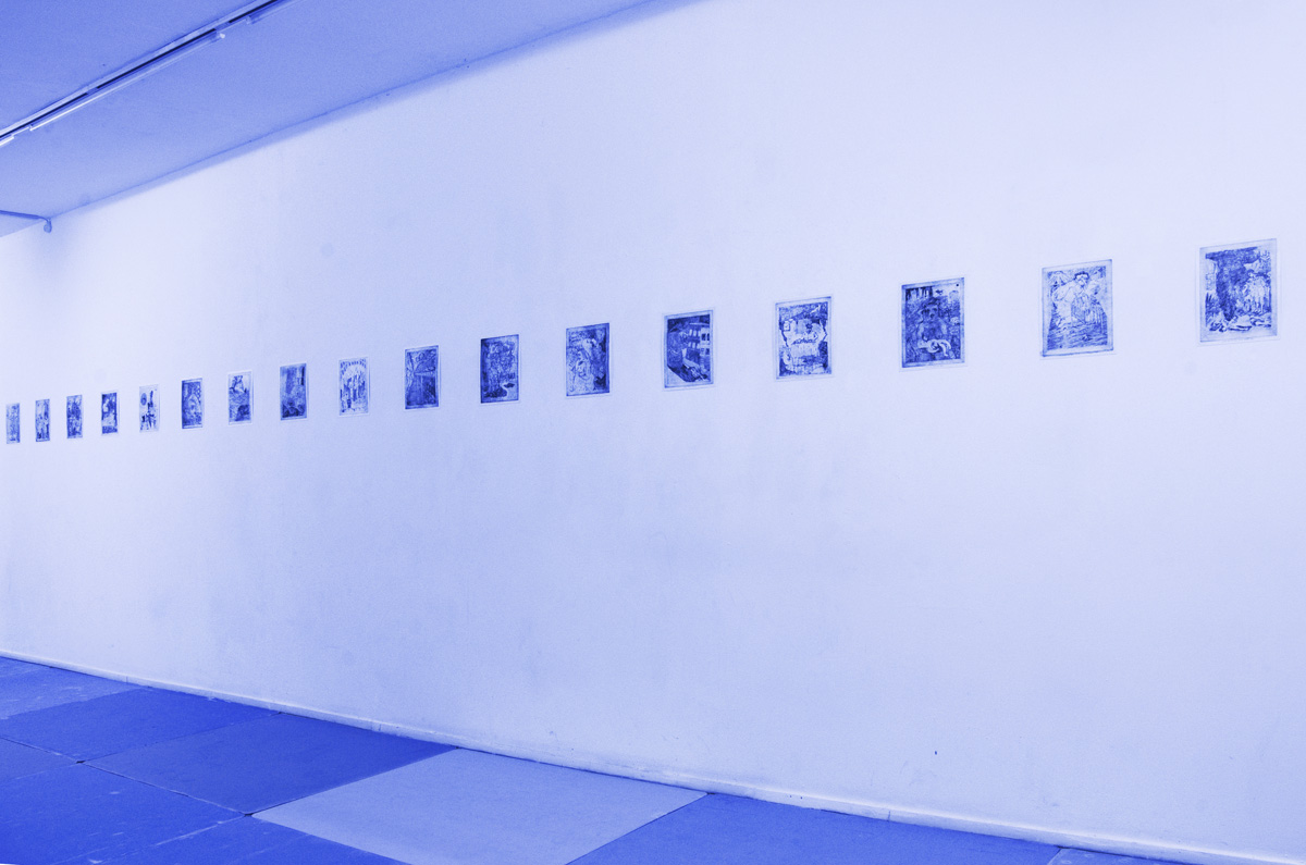 Pinhas, installation view; Talit, fabric; 18 etchings, 25X20 cm each one, neon, 2015