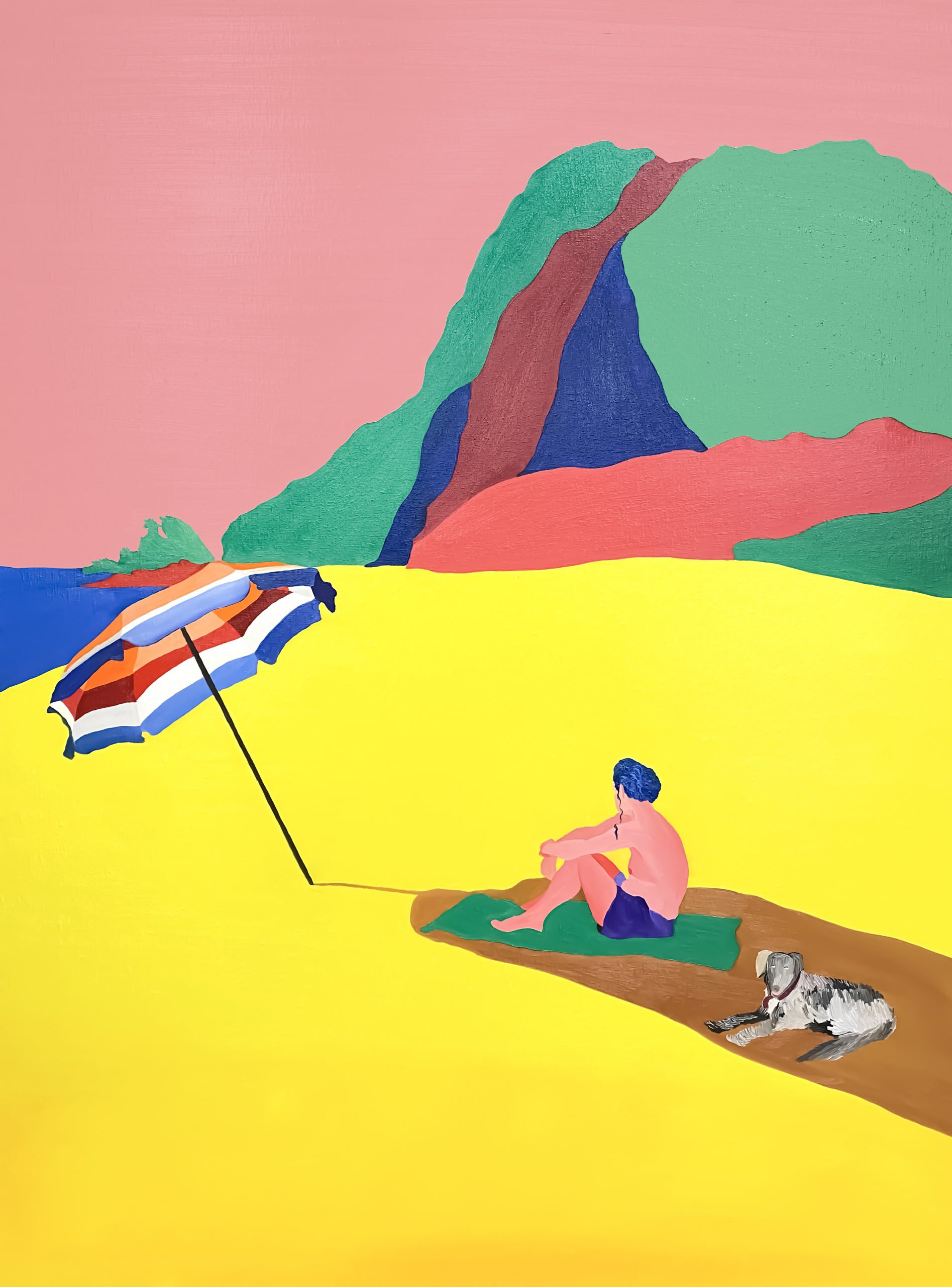 Man and Dog on a Blanket in Mazunte, 2022, Oil on canvas, 120 x 90 x 5 cm